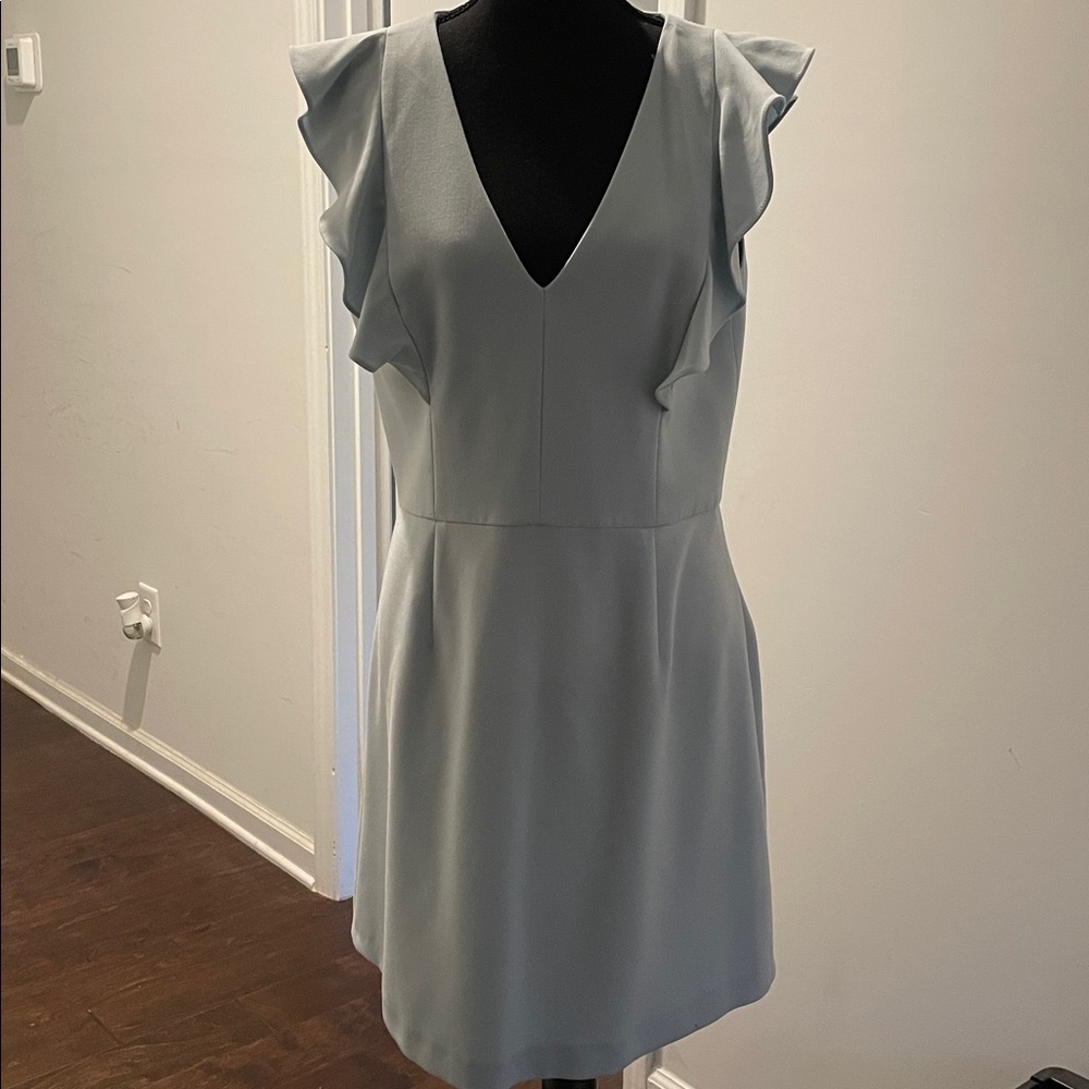 French Connection Whisper Ruffled V-Neck Mini Dress Size 10 Light Blue Wedding - Picture 7 of 13